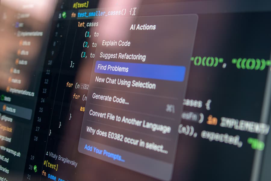 IDE showing AI-assisted coding actions like explain code, suggest refactoring, and generate code