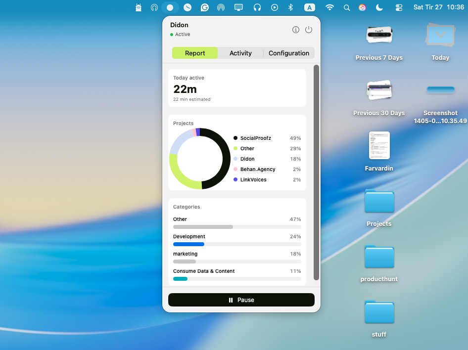 Didon Report view showing time by project and category