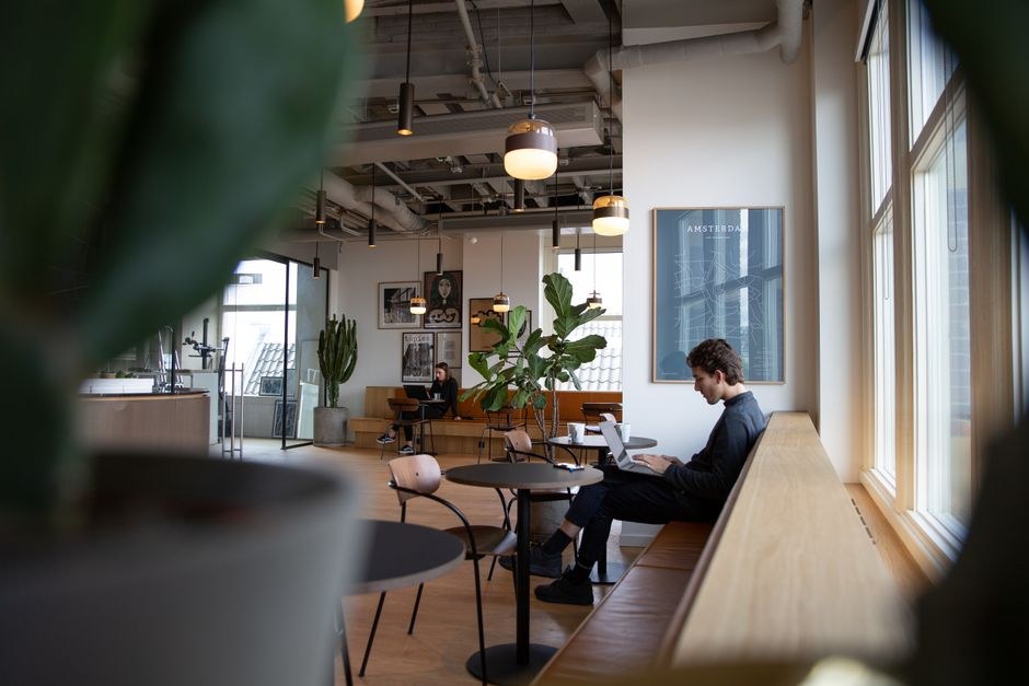 Person working on a laptop at a long bench in a bright coworking space with plants