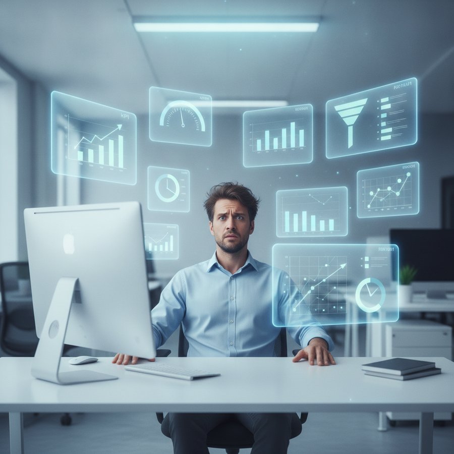 Confused product manager surrounded by floating KPI and metrics dashboards escaping his computer screen in a modern office
