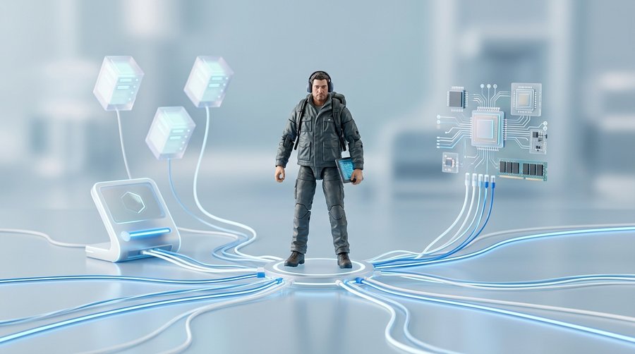 Software engineer action figure connected by glowing wires to AI agents and server nodes in a clean glassmorphic setting