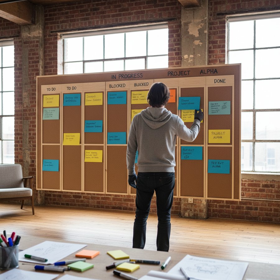 Man organizing physical Trello boards from behind, prioritizing high-impact tasks