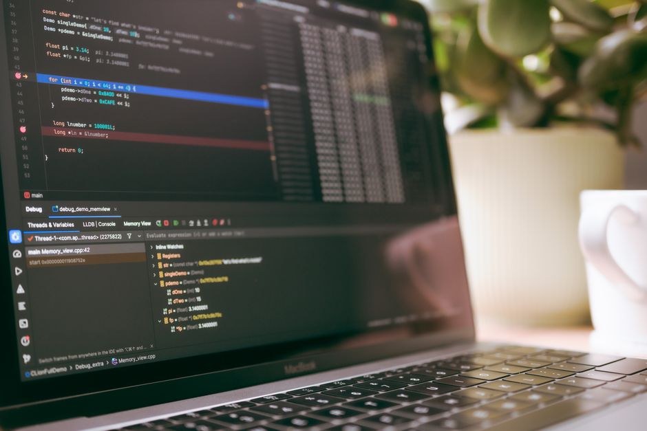 Laptop on a desk showing code and debugging tools beside a green plant