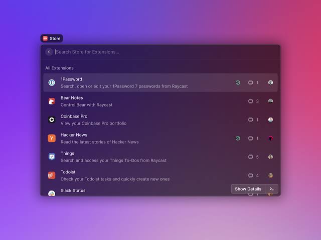 Raycast Store showing extensions for Things, Todoist, and other Mac apps